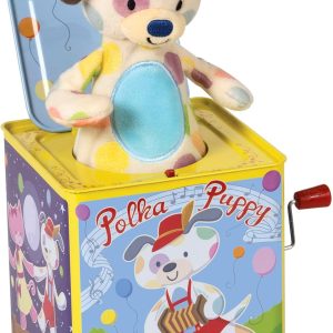 Schylling Polka Puppy Jack in the Box - Classic Children-s Musical Toy that Dances - Colorful Embossed Tin Box and Lovable Puppy Plush - Age 18 months and Up